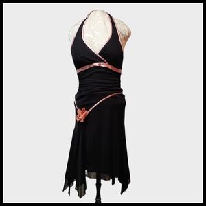Ruby Rox Black Halter Midi Dress with Pink Trim and Floral Detail